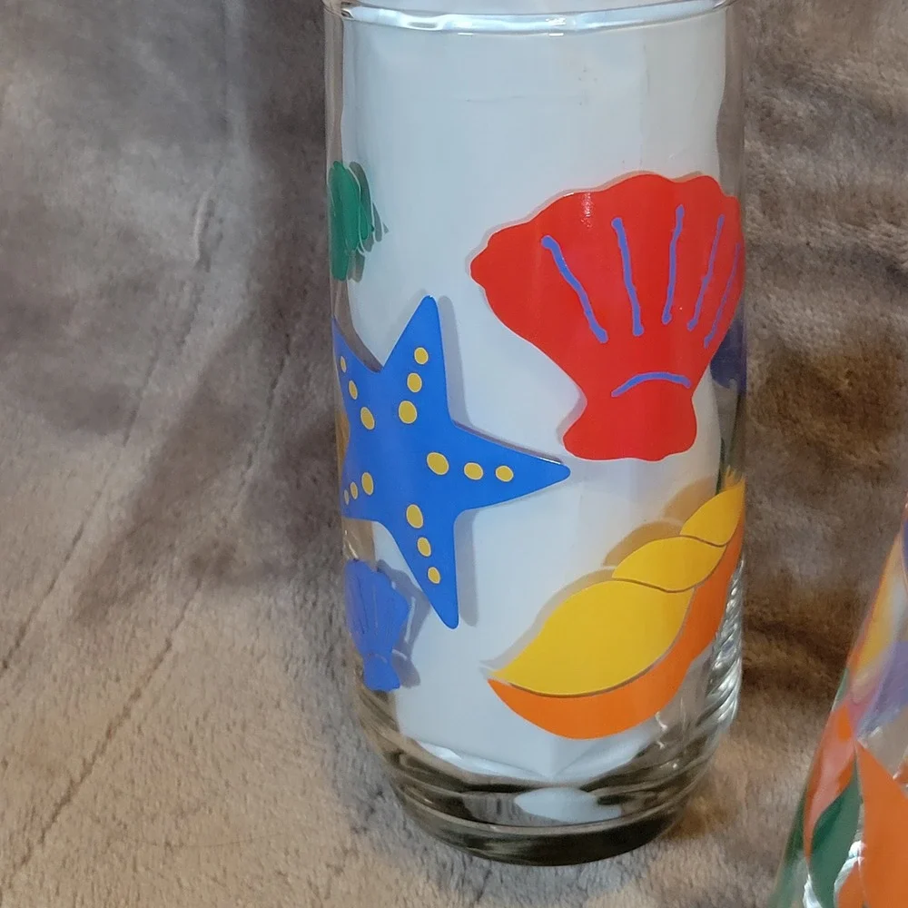 Libbey Tropical Seashells Highball Glasses VTG Coastal Starfish Set 2‎ Beach